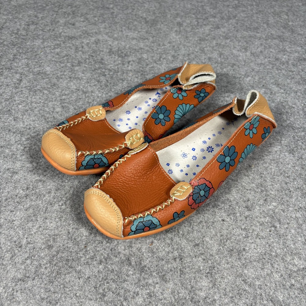 Women’s Brown Floral Leather Ballet Flats with Teal Accents
